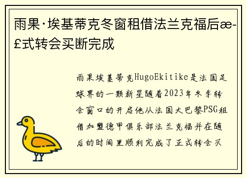 雨果·埃基蒂克冬窗租借法兰克福后正式转会买断完成 雨果·埃基蒂克冬窗租借法兰克福后正式转会买断完成
